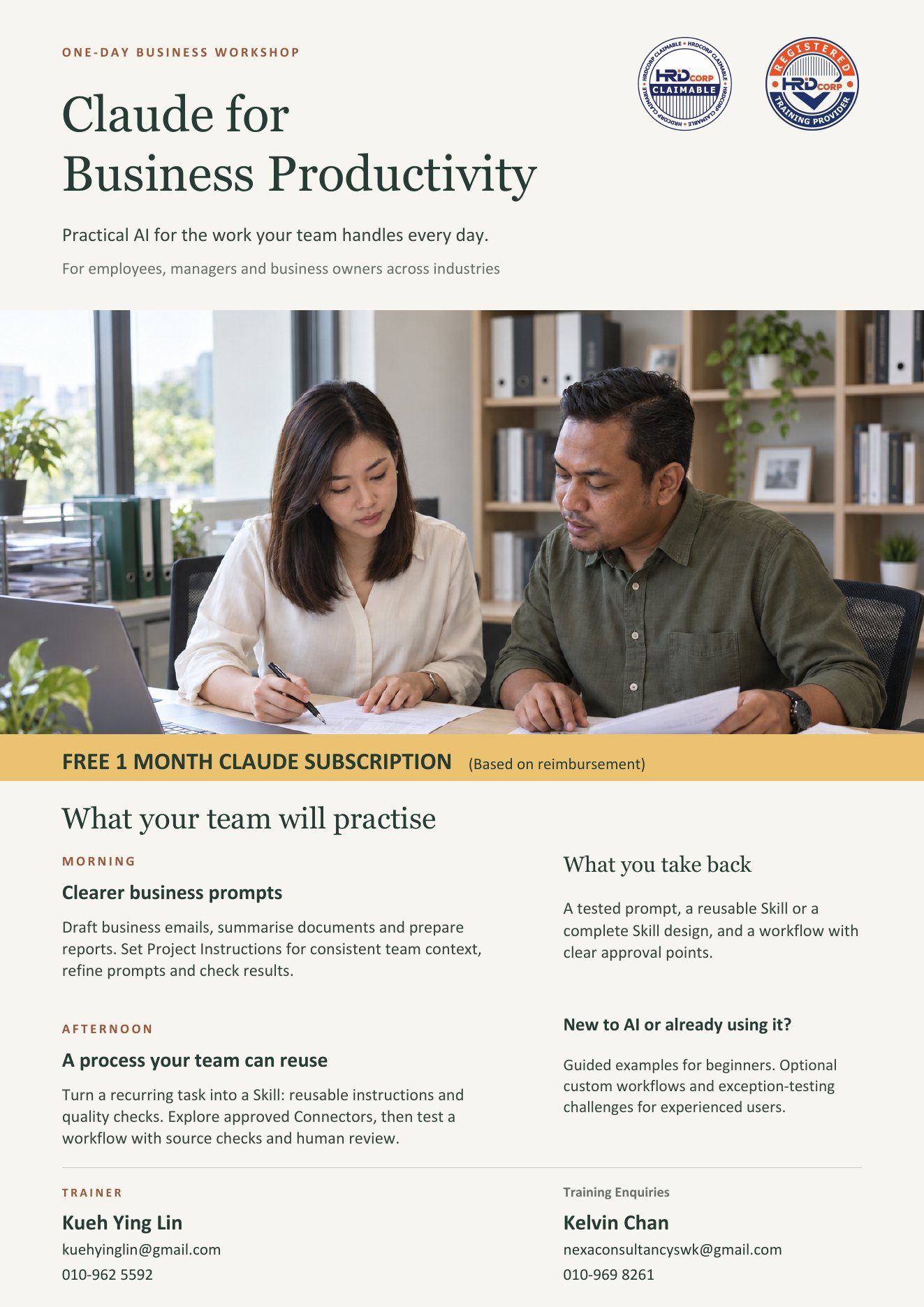 Claude for Business Productivity one-day workshop brochure