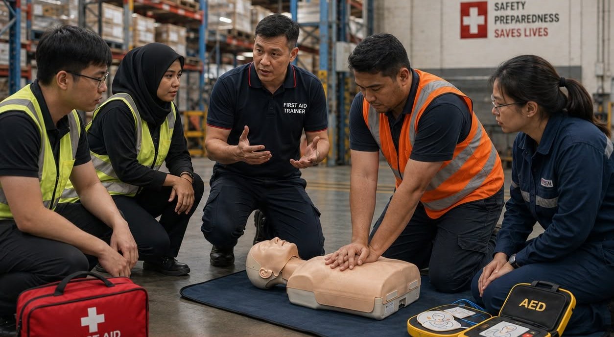 First aid trainer coaching a team on CPR with a manikin and AED