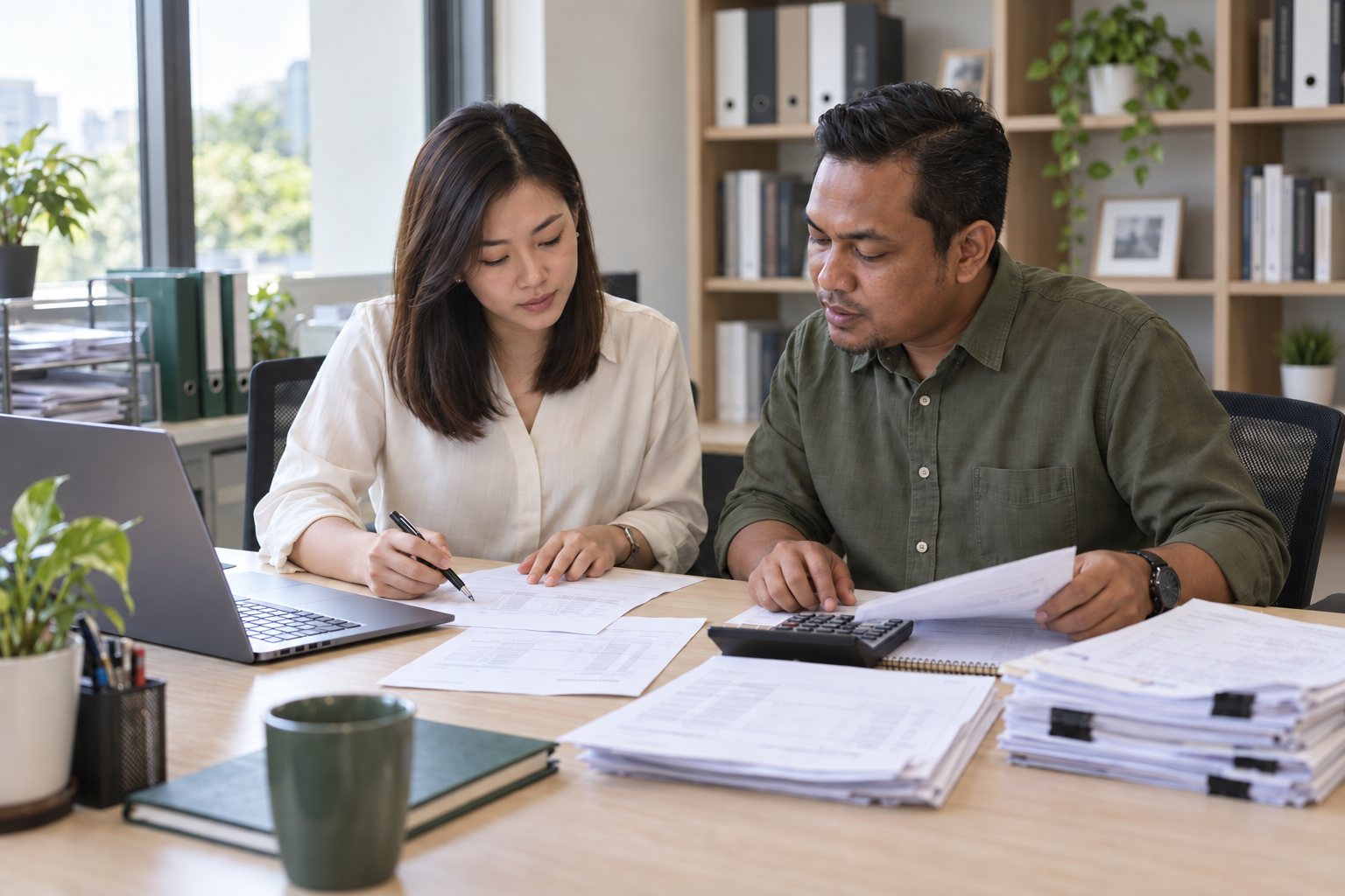 Two colleagues reviewing business documents