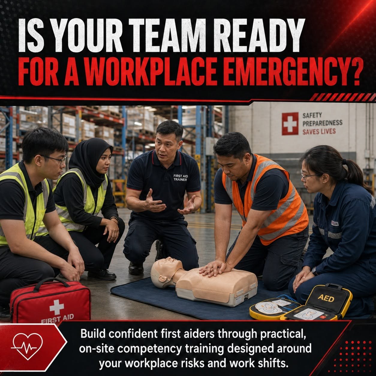 Is your team ready for a workplace emergency? First aid training poster