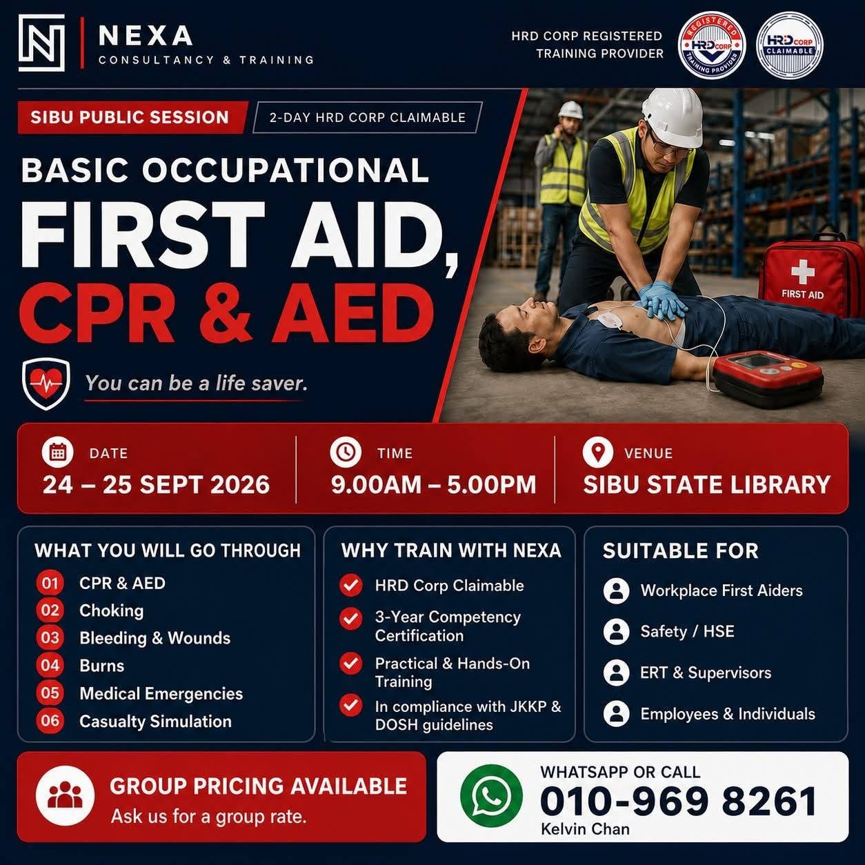 Poster: Basic Occupational First Aid, CPR & AED — Sibu public session, 24–25 Sept 2026, Sibu State Library